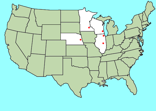 illustration of a map of the united states with the following city locations highlighed: milwaukee wisconsin, omaha nebraska, chicago illinois, logansport indiana, and minneapolis minnesota